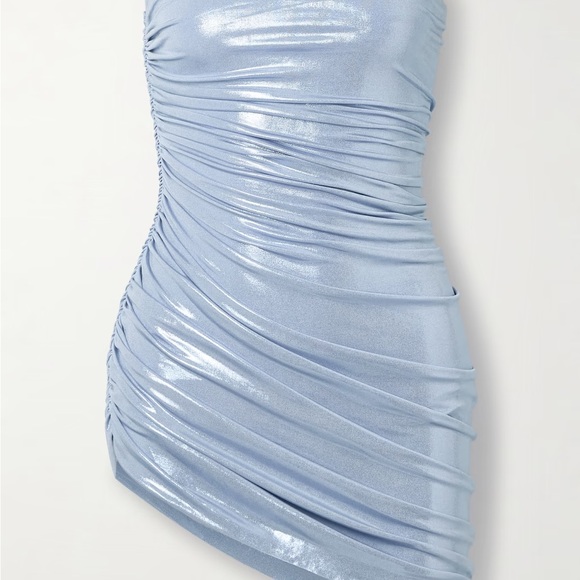 Norma Kamali Diana strapless ruched lamé mini dress